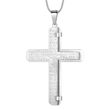 Imagem de Hipunk Colar com cruz e versículo da Bíblia – Colar masculino de aço inoxidável com pingente de cruz com cruz e cruz crucifixo de Filipenses Jesus colar giratório para mulheres, Aço inoxidável, Sem