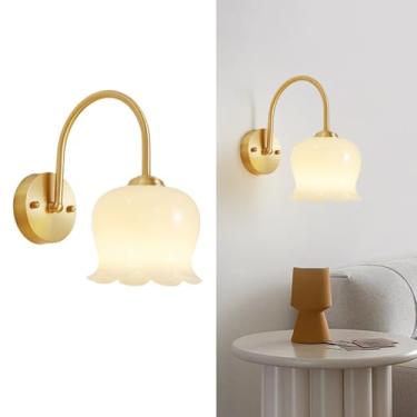 Imagem de TIYETA Luminária de parede de vidro vintage, arandela floral, luminária de parede de latão, luminária de cabeceira dourada para sala de estar, quarto,banheiro,corredor,Gold