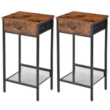 Imagem de Mesa de cabeceira, mesa de cabeceira com armário de armazenamento, mesa lateral de canto moderna de 2 níveis, rack de metal estreito, mini gaveta organizador de armazenamento para quarto de criança,