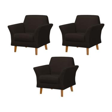 Imagem de Kit 3 Poltronas Retrô Pés em Madeira Maciça Jamaica Linho Marrom Escuro
