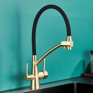 Imagem de Torneira de pia de cozinha, torneira, filtro de água pura, misturador, guindaste, alças duplas, purificação, torneira de cozinha quente e fria, ouro escovado A