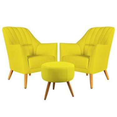 Imagem de Kit 2 Poltronas Estofada Orion Bordada com Puff Solar Sued Amarelo Ara