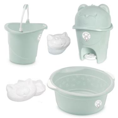 Imagem de Kit banho bebe adoleta saboneteira + balde bacia lixeira e outros verd