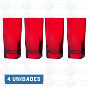 Imagem de Jogo 4 Copos Vidro Bali Quadrado Luxo 320ml Vermelho - PRATICASA, Bali