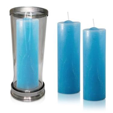 Imagem de Kit Copo Suporte Vidro para Vela + 3 Velas Votivas 7 Dias Azul Claro 2