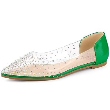 Imagem de Allegra K Sapatilhas femininas de bico fino com strass transparente, Verde, 36