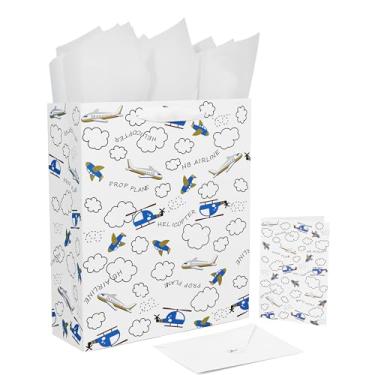 Imagem de Conjunto de sacolas de presente brancas grandes de 33 cm com cartão comemorativo e papéis de seda (design de helicóptero e avião) ou festa de meninos, meninas ou crianças, chás de bebê, meninos