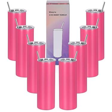 Imagem de Wzaytia Pacote com 8 copos skinny retos de 590 ml, individualmente caixa de presente em aço inoxidável, conjunto de copos finos e finos para viagem, 590 ml, rosa choque