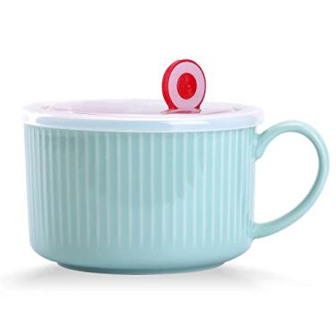 Imagem de WHJY Tigela de cerâmica de 850 g com tampa e alça para sopa e caneca de sopa de macarrão instantâneo, estilo simples moderno, com alça de preservação de calor - azul