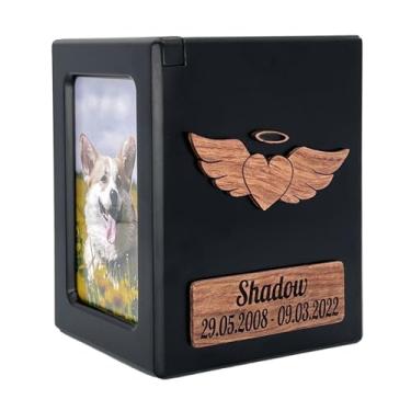 Imagem de Tarngod Nome e data personalizados, grave seu texto de bênção, urna personalizada, urna de animal de estimação para cães e gatos, caixa de madeira de lembrança (asas de anjo preto, M (0-30 libras))