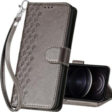 Imagem de SASYMALY Capa carteira para iPhone 13 Pro Max, capa flip com suporte para mulheres e homens, capa de telefone de couro PU adequada para iPhone 13 Pro Max de 6,7 polegadas [cubo cinza]