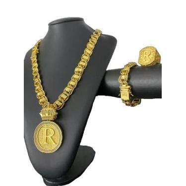 Imagem de Kit Dubai 15mm + Anel e Pingente Letra Banhado a Ouro 18k - ToJoia18k