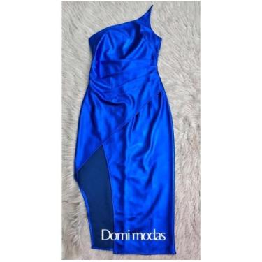 Imagem de Doutoras Modas Vestido drapeado midi com fenda Metalizado P150, Azul r