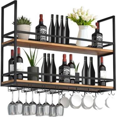 Imagem de Rack de vinho suspenso, rack de vidro de vinho de metal duplo com suporte de vidro alto, prateleira suspensa de barra de teto, rack de armazenamento para bar, cozinha, café, uma cor, 100 cm