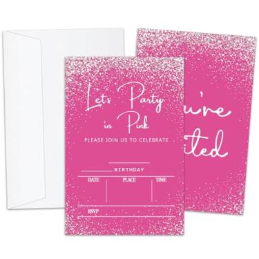 Imagem de Cartões de convite de aniversário com glitter rosa, convites de aniversário para meninas e mulheres, convites de festa de aniversário adolescentes, 20 peças de convites de preenchimento dupla face com