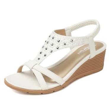 Imagem de TEMOFON Sandálias femininas estilosas: sandália de verão com tira no tornozelo, sapatos confortáveis de plataforma baixa, sandálias casuais para vestido de praia, 26 - Branco, 34