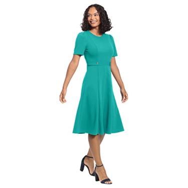 Imagem de London Times Midi feminino de malha com ilhós, manga curta, crepe inserido, cintura midi com detalhe de botão, Parapente, 48