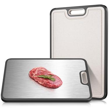 Imagem de Tábua de corte dupla face GR1 de titânio e palha de trigo, tábua de corte de 38 cm x 25 cm para cozinha, tábua não tóxica para carne e legumes, borda de silicone antiderrapante, sulco de suco