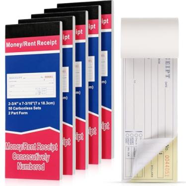 Imagem de Crtiin 5 blocos de recibos de dinheiro e aluguel 2,75 x 7,2 polegadas capa encadernada 2 partes livro de recibos sem carbono com cópias sem carbono livro de registro de recibos 50 conjuntos por livro