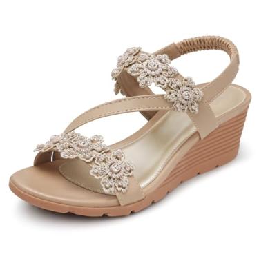 Imagem de SHIBEVER Sandálias femininas estilosas: sandálias de verão com bico aberto plataforma baixa, tira elástica no tornozelo, floral, confortável, sapatos casuais, 1805-bege, 36