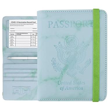 Imagem de WALNEW Conjunto de porta-passaporte e porta-cartão de vacina, carteira de viagem, bloqueio de RFID, capa de couro PU com compartimento protetor para cartão de vacina, Verde mármore