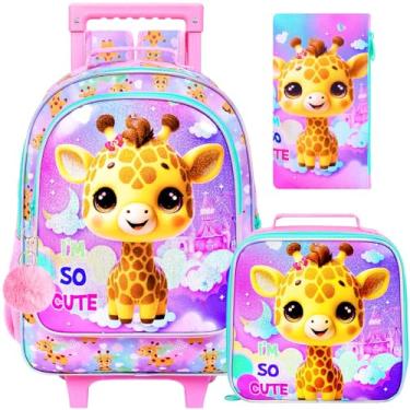 Imagem de HPJGD 3 peças de mochila com rodinhas girafa para meninas, mochilas escolares infantis com rodas, resistente à água, impressão UV, conjunto de mochilas com rodas, Mochila com rodinhas girafa amarela