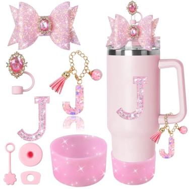 Imagem de XIANGYUAN Conjunto de 8 peças de acessórios rosa brilhante para copo Stanley Cup 850 g 1,134 g com alça, incluindo tampa de cobertura de palha de silicone, tampa à prova de derramamento, pingente de