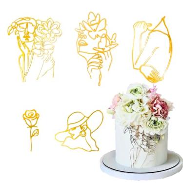 Imagem de 5 PCS Lady Face Cake Toppers, Golden Acrylic Abstract Art Line Cake Decoration, Minimalist Style Cake Decoration