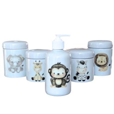 Imagem de Kit higiene bebê Safari 5 peças - potes e porta álcool - Peças Porcela