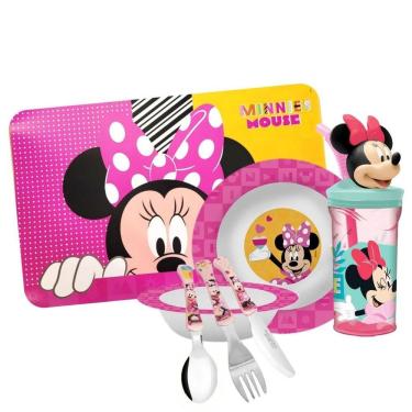 Imagem de Kit Refeição Infantil Minnie 7 Peças Melamina Prato, Tigela, Copo, Lugar Americano e Talheres - Tuut