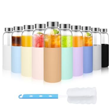 Imagem de Luxfuel Garrafas de vidro de 510 g com tampas e manga de silicone, garrafas de suco de vidro reutilizáveis com tampa de aço inoxidável para sucos, geladeira, 100% à prova de vazamento, livre de BPA,
