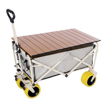 Imagem de carroça Carrinho de vagão com rodas dobrável, carrinho de jardim de acampamento com alça ajustável, vagão de praia com rodas grandes e mesa dobrável dobrável