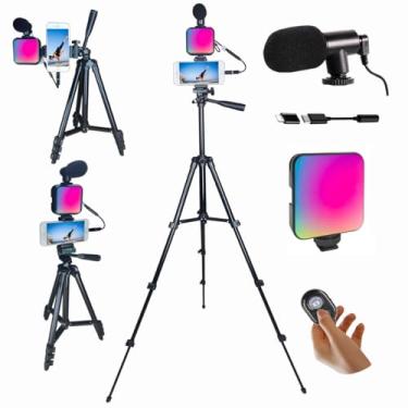 Imagem de Peanutech Kit de vlogging para iPhone, kit de iniciação do YouTube, kit de vlogging para telefone Andriod, essencial para criador de conteúdo, com luz RGB, tripé, microfone, adaptador de tomada