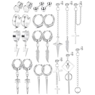 Imagem de Fiasaso Conjunto de brincos de argola articulada de aço inoxidável, 22 peças, brincos de argola de corrente longa e pingente de cruz Kpop para homens, preto, prata e ouro, Metal, Zircônia cúbica