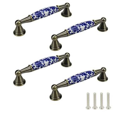 Imagem de Mcredy Puxadores de armário de cozinha com orifícios de 9,4 cm de centro a centro, puxador de gaveta de cerâmica, alças de cômoda de porcelana azul e branca para armários e gavetas, 4 pacotes