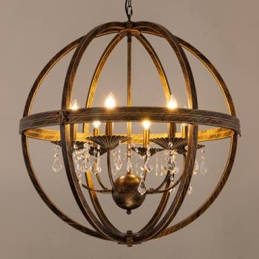Imagem de TOCHIC Lustre De Fazenda 30''W Grande Globo Orb Cristal Lustre Luz, Bronze Antigo Globo Pingente Pendente Iluminação Para Teto Alto, Sala De Jantar, Sala De Estar, Hall De Entrada, 6 Luzes