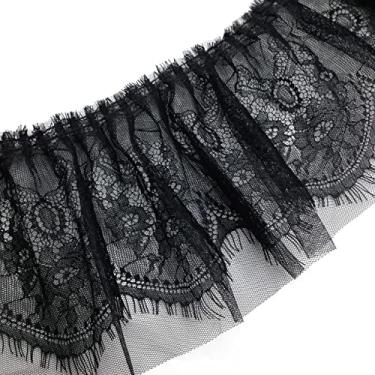 Imagem de KARMELLING 1 jarda de camada dupla plissada bordado acabamento em renda tecido ilhó para acessório de vestuário DIY artesanato fornecimento em preto, 15 cm