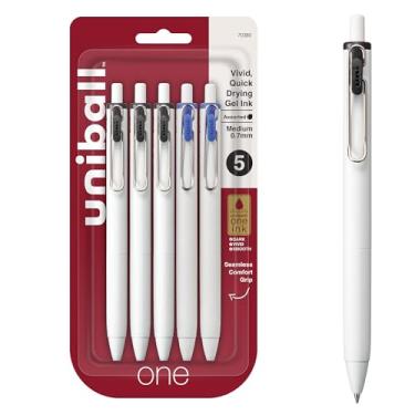 Imagem de Canetas de gel retráteis uniball uni one, ponta média, 0,7 mm, tinta preta/azul, pacote com 5 (70380)