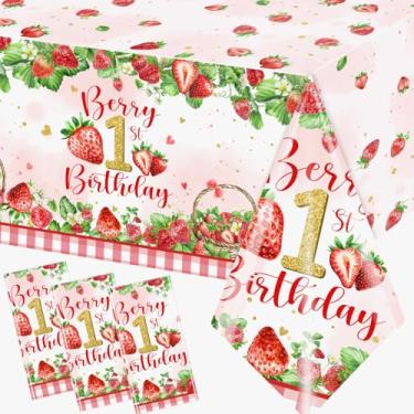Imagem de Guzbewu 3 peças de toalha de mesa de morango, decoração de mesa de morango, toalha de mesa para bolo de primeiro aniversário, toalha de mesa de plástico xadrez rosa para festa de aniversário de frutas