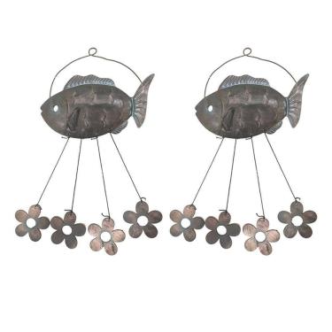 Imagem de Sino Dos Ventos Peixe Flores Kit 2 Unidades Decoraçao Varanda Enfeite Quintal Jardim Ambiente Externo