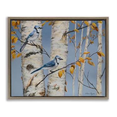 Imagem de Stupell Industries Blue Jay Autumn Day Brown Floater Canvas Framed Wall Art Design por Valerie Rogers, 21 x 17
