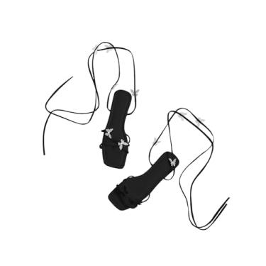 Imagem de GORGLITTER Sandálias rasteiras femininas de amarrar com borboleta brilhante e tiras cruzadas, Preto, 37