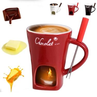Imagem de Caneca de fondue de chocolate com garfo, copo de fondue de chocolate, copo pessoal de derretimento de chocolate para queijo, copo de derretimento de chocolate de cerâmica, caneca de derretimento de
