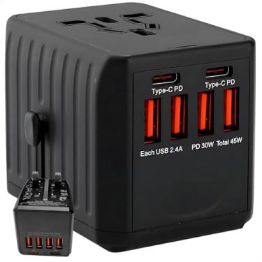 Imagem de Adaptador Universal de Viagem 36W com 4 USB e 2 USB-C Tomada com USB para Mais de 150 Países Carregamento Rápido 36W Entrada US, AU, UK e EU Smartphones e Notebooks