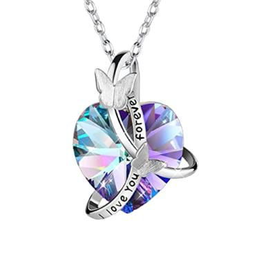 Imagem de YienDoo Colar de cristal de coração gargantilha prata borboleta roxa cristal pingente de coração corrente I Love You Forever Colar com pingente de amor infinito colar joias presente para mulheres
