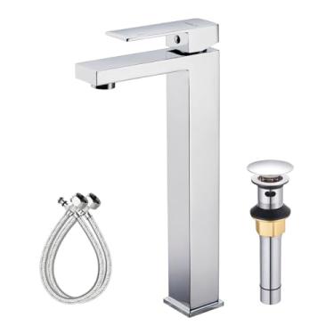 Imagem de Kuzor 1 peça torneiras de banheiro aço inoxidável 304, instalação de 5 minutos, torneira de pia de vaso alto para banheiro, bico de 10 cm de altura, peso de 755 g - cromado