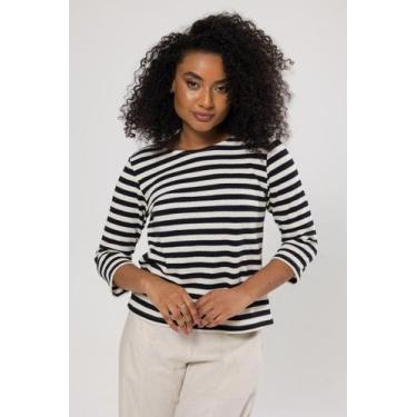 Imagem de Camiseta Com Manga ¾ Listrada Texturizada Off White Com Preto Em Algod