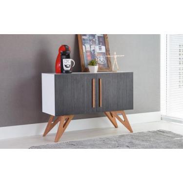 Imagem de Balcão Buffet Para Sala De Jantar Mdf Branco Pés Jatobá 2 Portas Preta