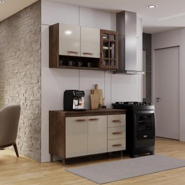 Imagem de Cozinha Modulada Compacta Fidelitá Lisboa 2 Peças 120cm 5 Portas 3 Gavetas Com Tampo Noce/Off-White