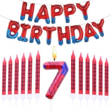 Imagem de Faixa de feliz aniversário com tema de aranha, 13 peças, conjunto de velas de aniversário com tema de aranha, número 7, topo de bolo, suprimentos de decoração de festa de aranha (RedBule-7)